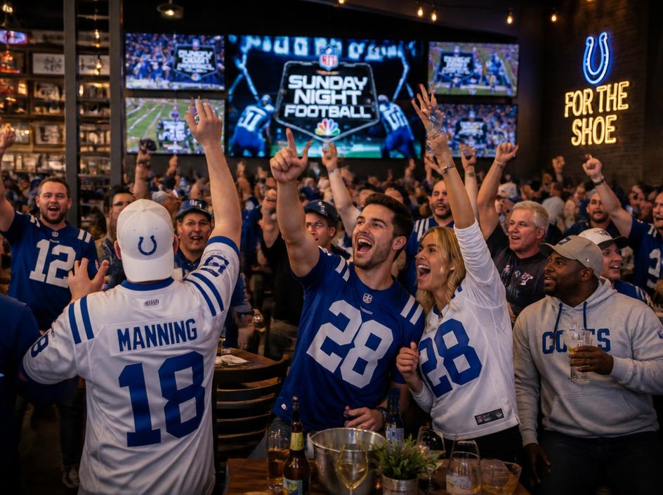 Indianapolis football fans cheering at a watch party with Sunday Night Football on the screens